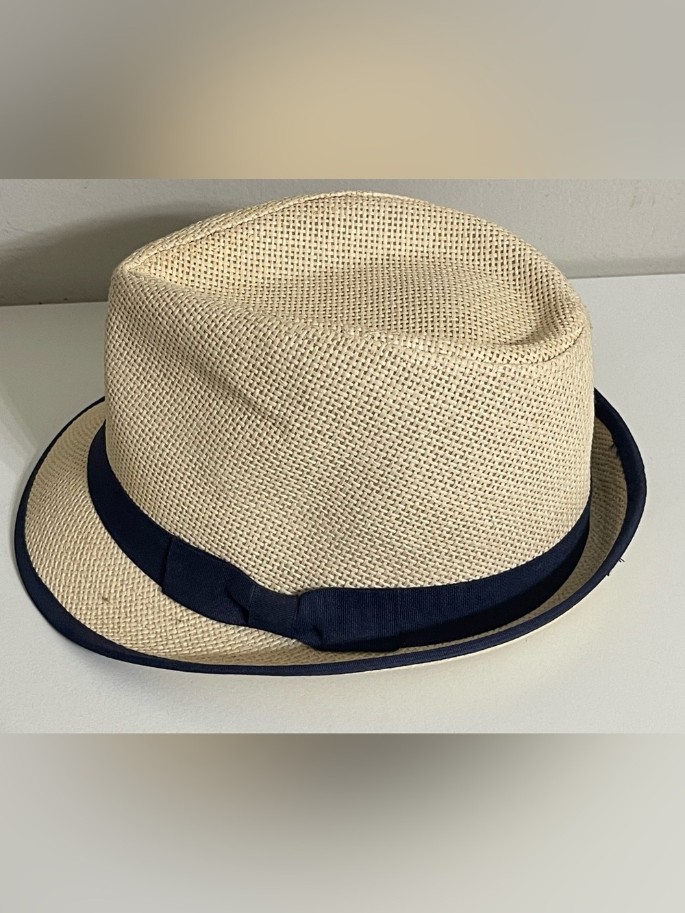 Unisex Cream Straw Fedora with Navy Band